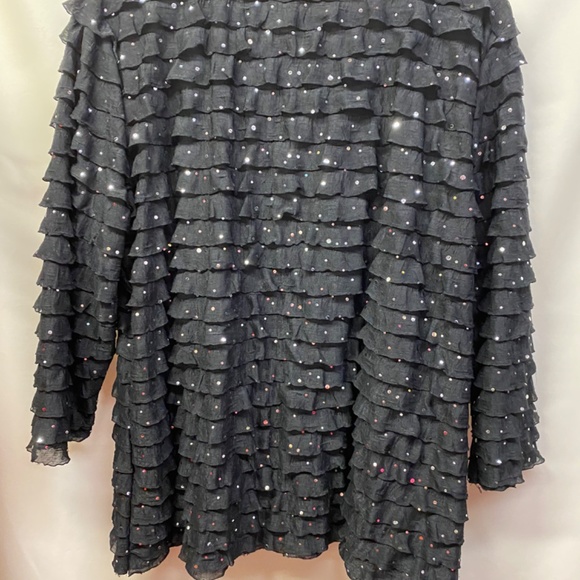 Jet Black Fancy crepe-ish fabric Top with sequins & small ruffles, lightweight - Picture 8 of 9